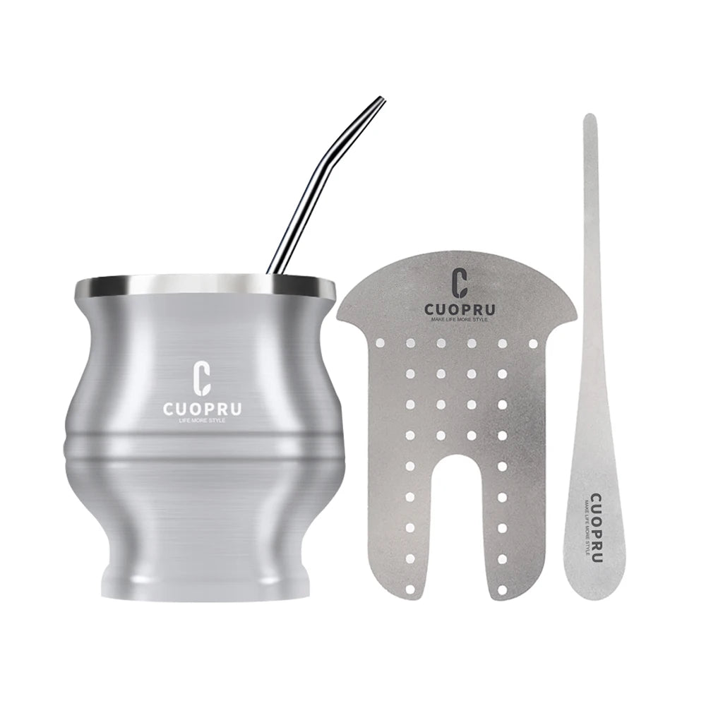 Yerba Mate Gourd Set Includes Double Walled Stainless Steel Tea Cup One Bombilla Mate (Straw), Cleaning Bruch, Tea Separator