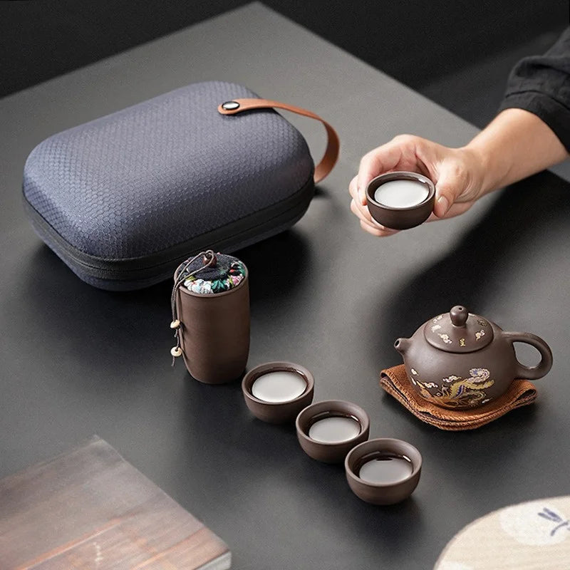 Purple Clay Travel Tea Set with One Pot And Four Cups Portable Outdoor Storage Quick Cup Kung Fu Style Small Gift Set