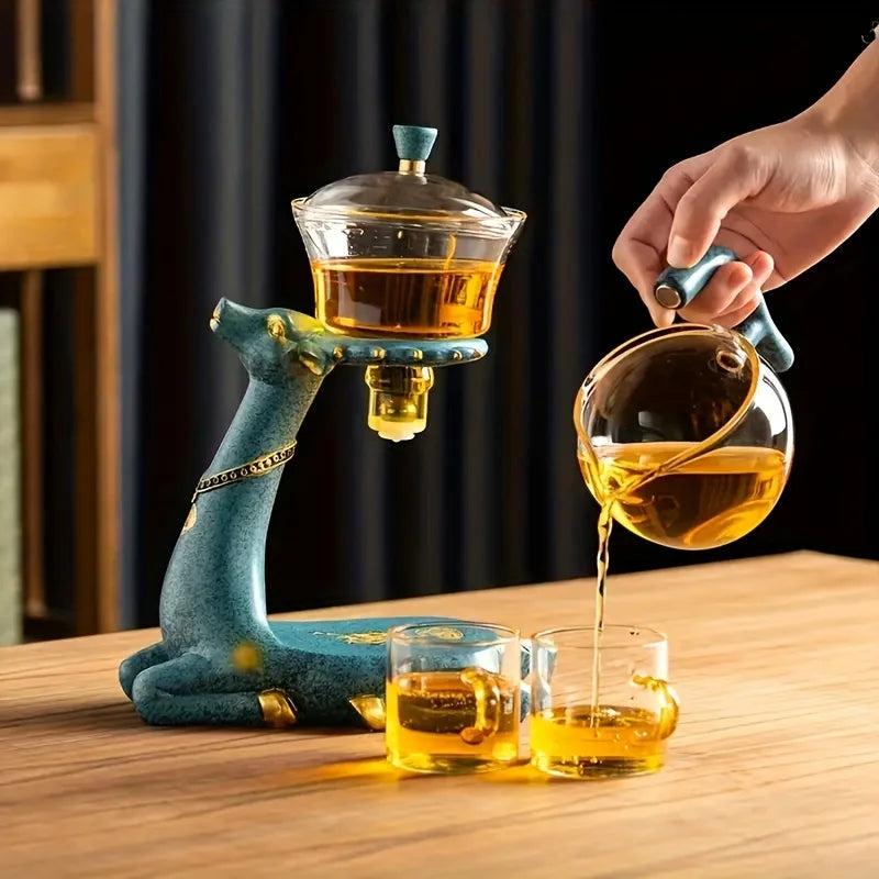 1 Set Glass Teapot Set, Lazy Kungfu Tea Pot Set, Deer Automatic Drip Rotating Tea Set With Infuser, Tea Accessories
