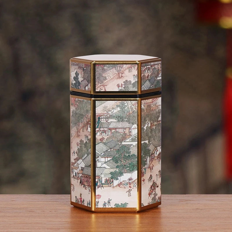 Creative Hexagonal Teapot Tin Can Chinese Tinplate Tea Storage Tank Sealed Portable Tea Box Empty Can Tea Set Accessories