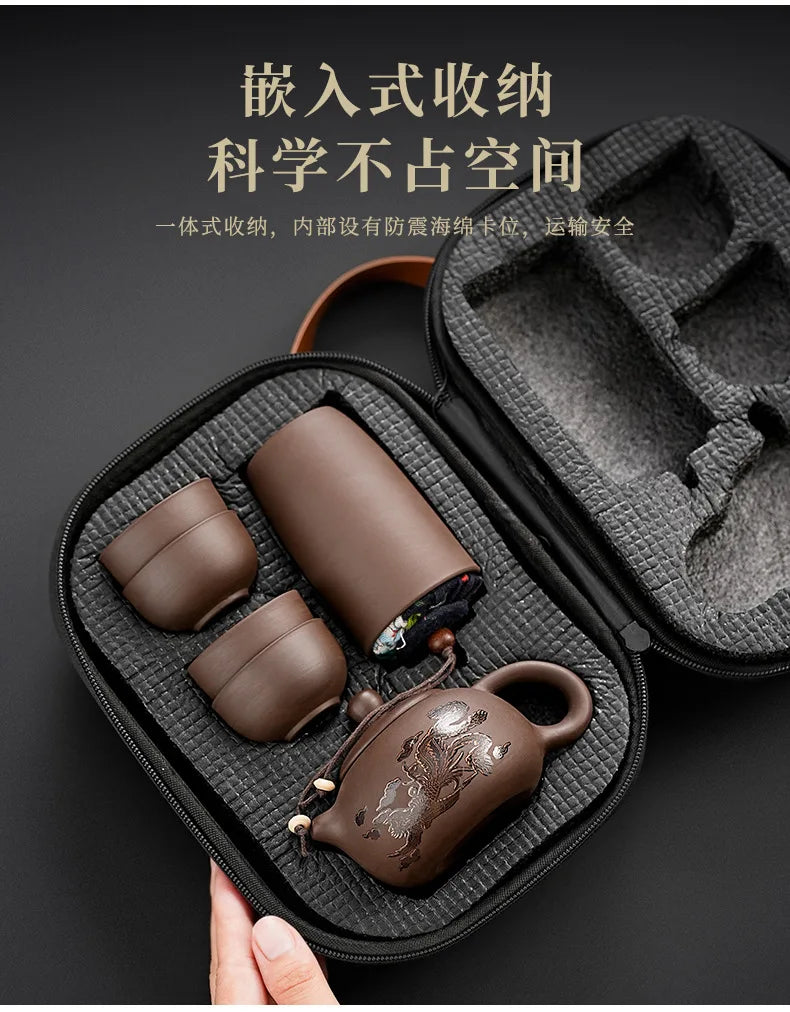 Purple Clay Travel Tea Set with One Pot And Four Cups Portable Outdoor Storage Quick Cup Kung Fu Style Small Gift Set