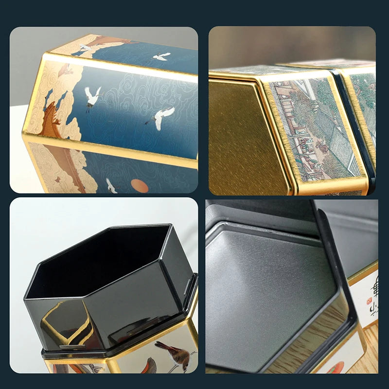 Creative Hexagonal Teapot Tin Can Chinese Tinplate Tea Storage Tank Sealed Portable Tea Box Empty Can Tea Set Accessories