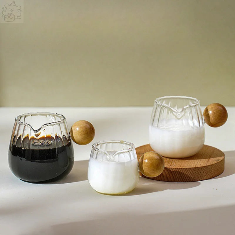 Coffee Milk Can 50/100/150ml Wood Handle Glass Espresso Measuring Cup