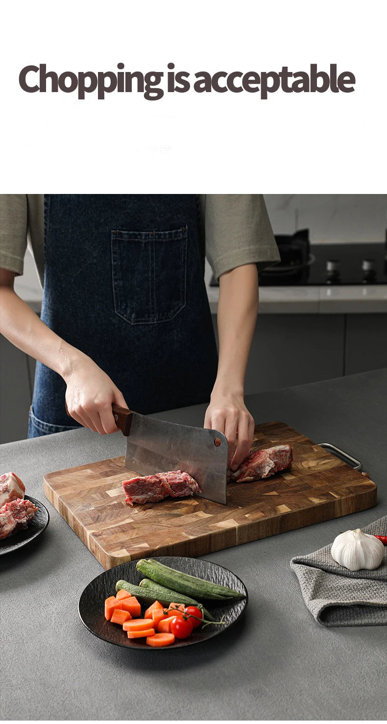 Thick End Grain Acacia Wood Cutting Board, Double Handle Heavy Duty Butcher Block, Mold Resistant Chopping Board for Kitchen