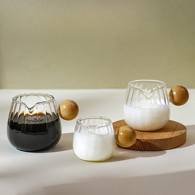 Coffee Milk Can 50/100/150ml Wood Handle Glass Espresso Measuring Cup