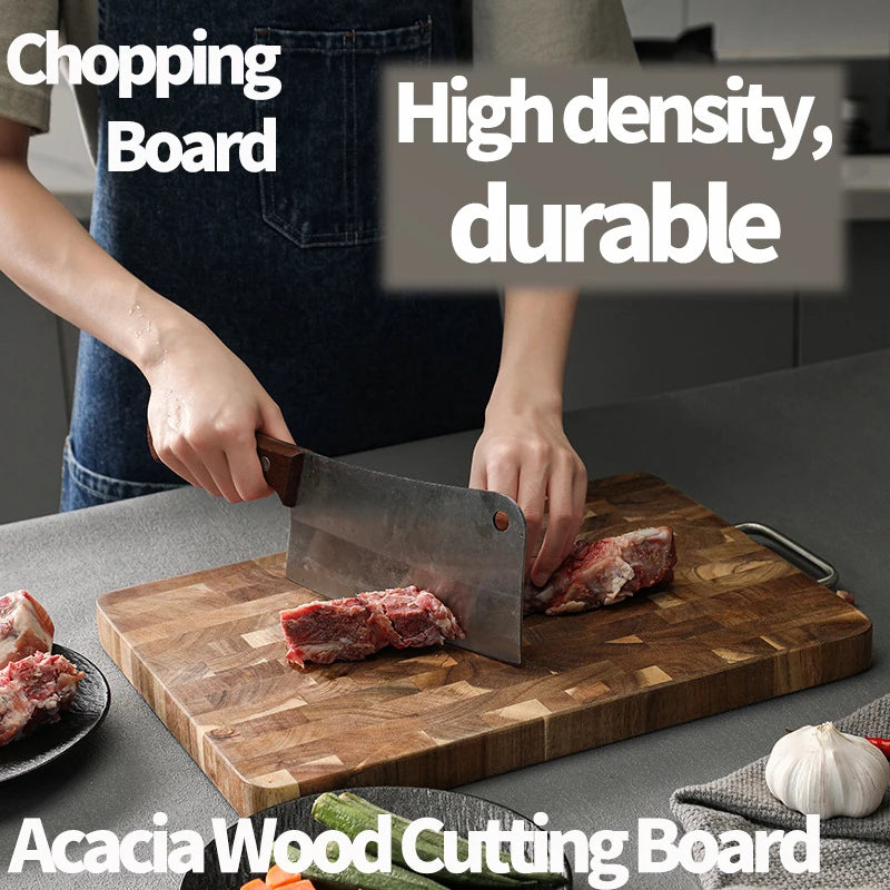 Thick End Grain Acacia Wood Cutting Board, Double Handle Heavy Duty Butcher Block, Mold Resistant Chopping Board for Kitchen