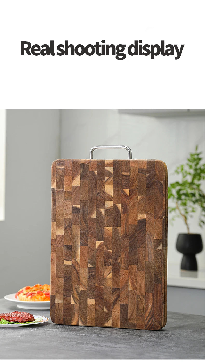 Thick End Grain Acacia Wood Cutting Board, Double Handle Heavy Duty Butcher Block, Mold Resistant Chopping Board for Kitchen