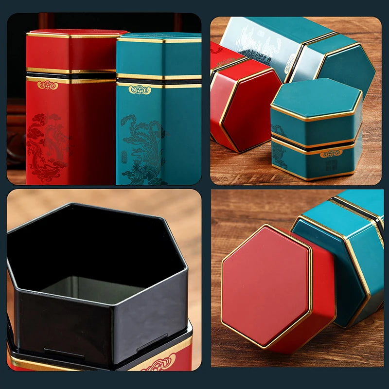 Creative Hexagonal Teapot Tin Can Chinese Tinplate Tea Storage Tank Sealed Portable Tea Box Empty Can Tea Set Accessories