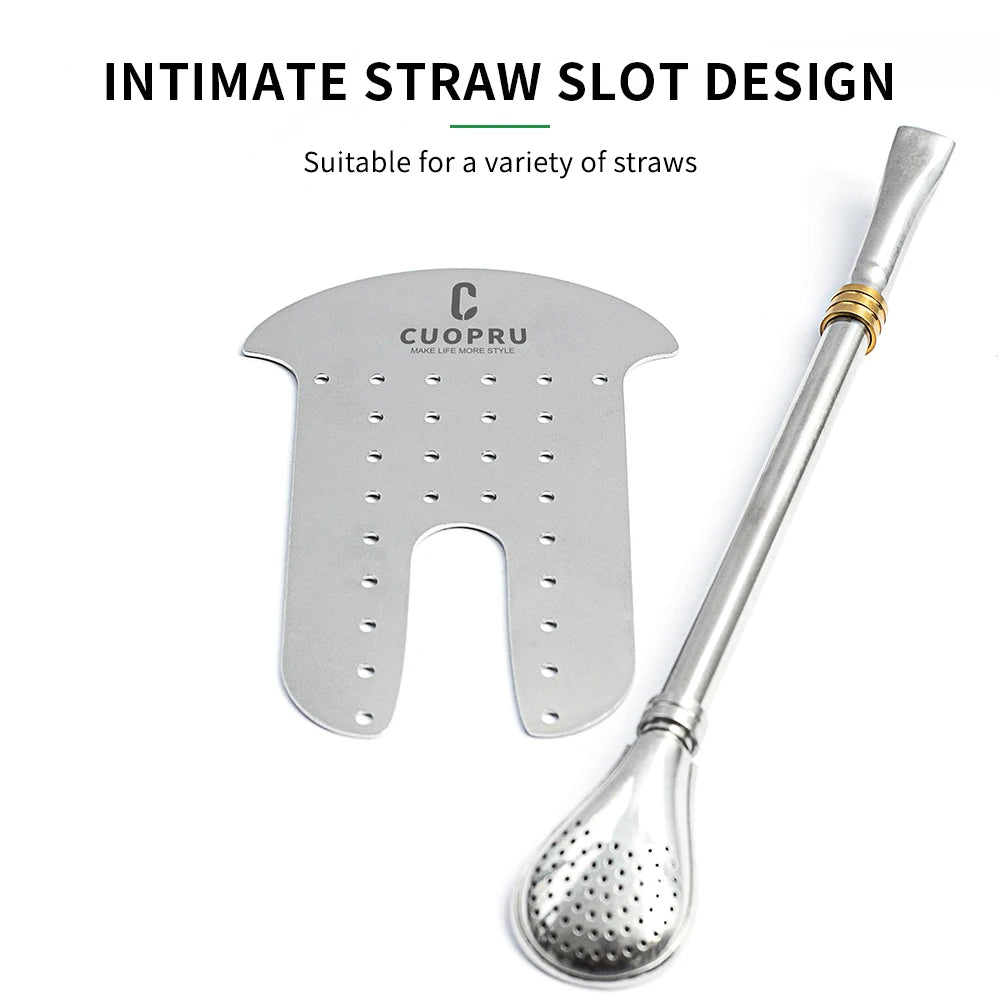 Yerba Mate Gourd Set Includes Double Walled Stainless Steel Tea Cup One Bombilla Mate (Straw), Cleaning Bruch, Tea Separator