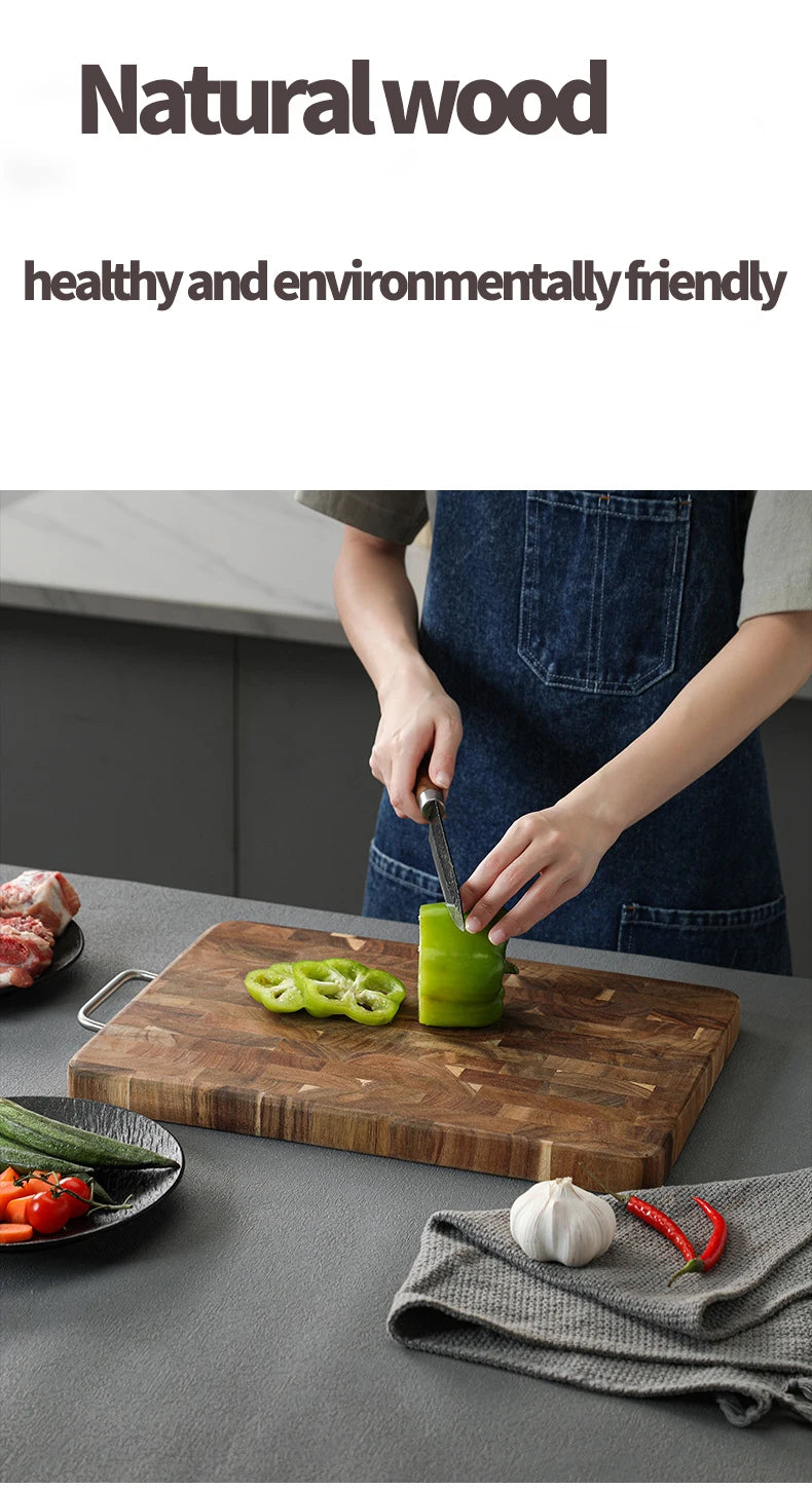 Thick End Grain Acacia Wood Cutting Board, Double Handle Heavy Duty Butcher Block, Mold Resistant Chopping Board for Kitchen