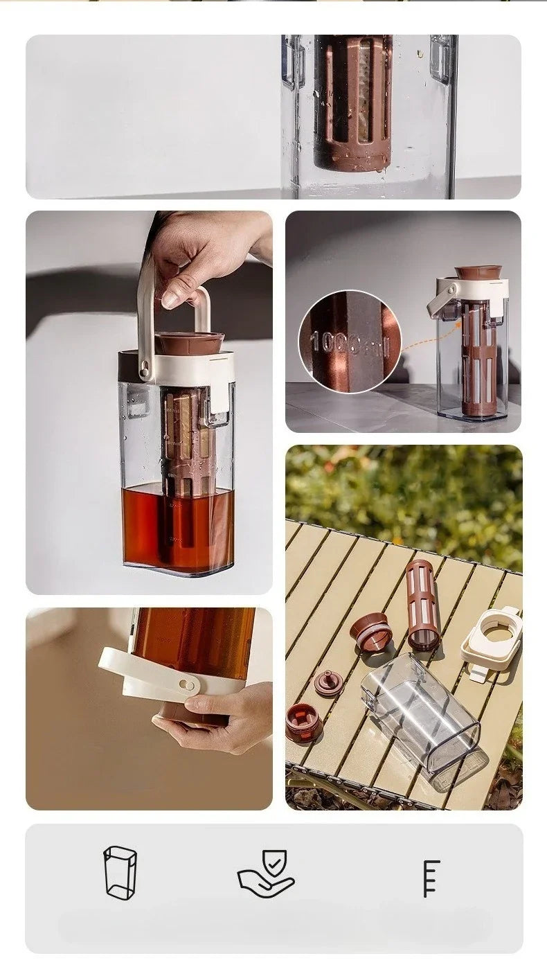 1L Cold Brew Coffee Pot Ice Coffee Maker Cold Brew Jar Leak Proof Container Cold Brewed Fruit Tea Pot for Outdoor Camping Travel