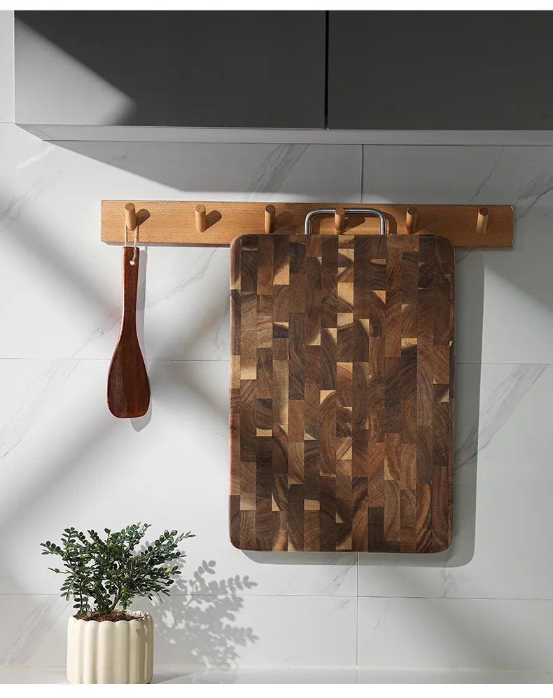 Thick End Grain Acacia Wood Cutting Board, Double Handle Heavy Duty Butcher Block, Mold Resistant Chopping Board for Kitchen