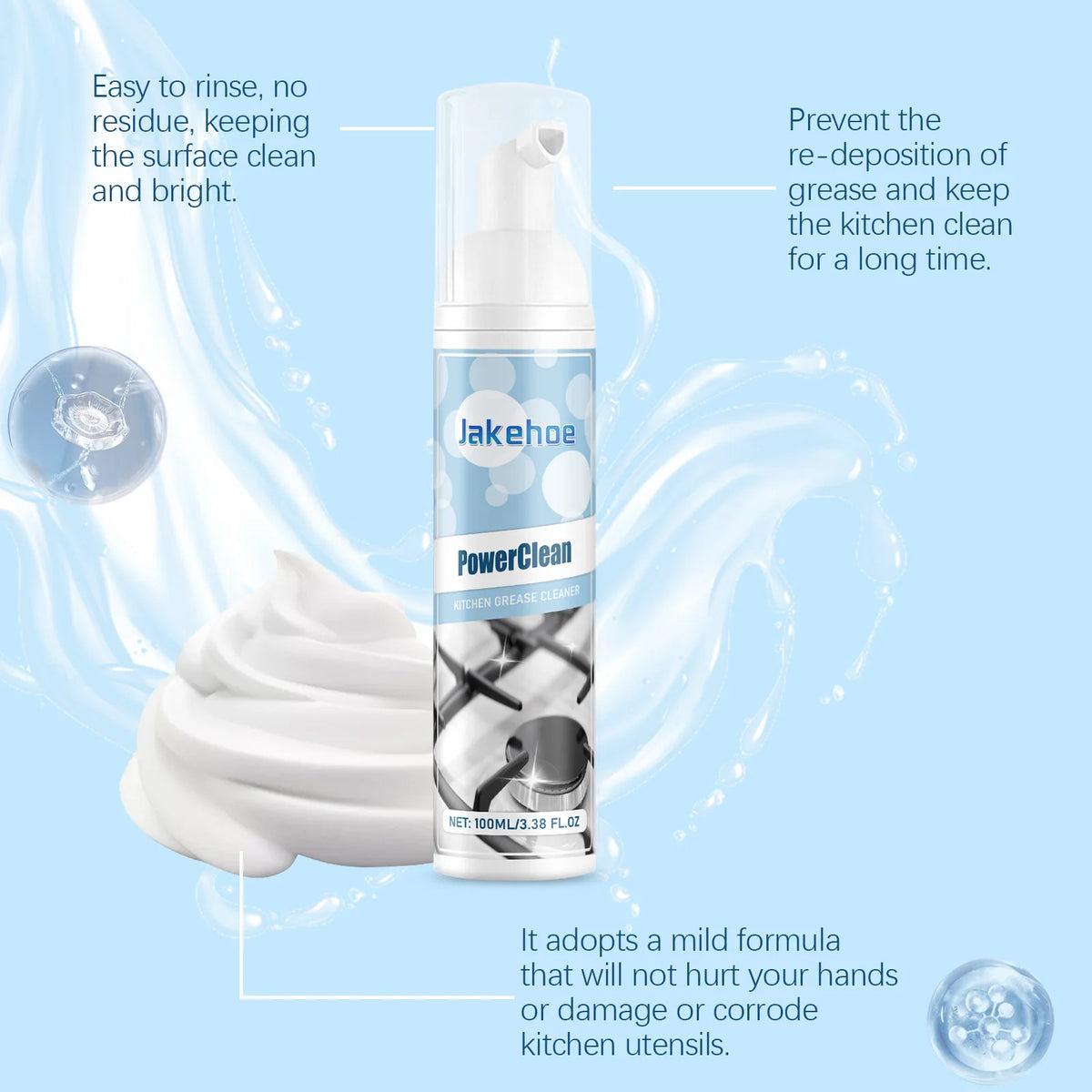 Jakehoe Kitchen Foam Degreaser Fast Penetration Dissolving Stains No Residue Restore Brightness Stubborn Oil Stain Remover 100ml