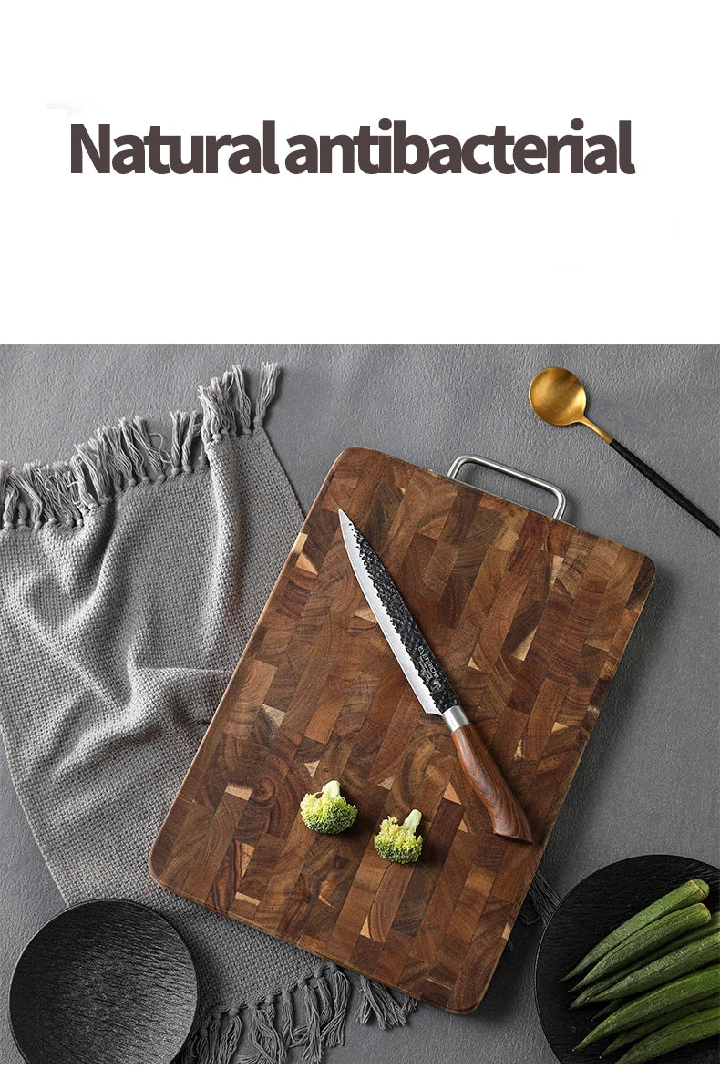 Thick End Grain Acacia Wood Cutting Board, Double Handle Heavy Duty Butcher Block, Mold Resistant Chopping Board for Kitchen