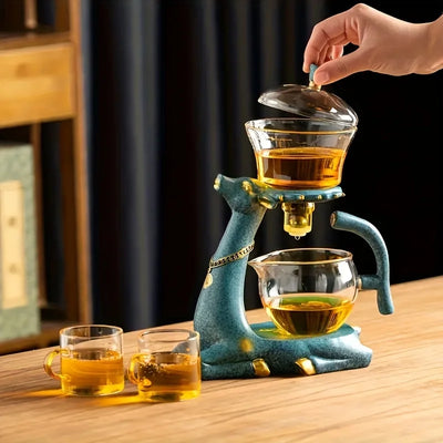1 Set Glass Teapot Set, Lazy Kungfu Tea Pot Set, Deer Automatic Drip Rotating Tea Set With Infuser, Tea Accessories