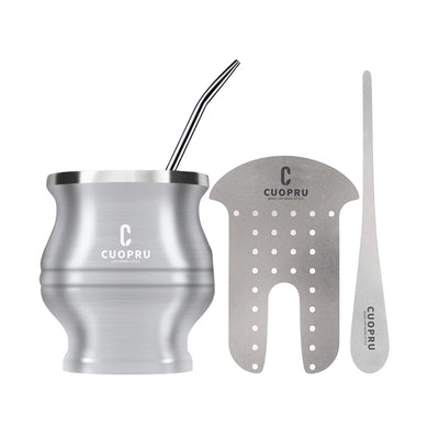 Yerba Mate Gourd Set Includes Double Walled Stainless Steel Tea Cup One Bombilla Mate (Straw), Cleaning Bruch, Tea Separator