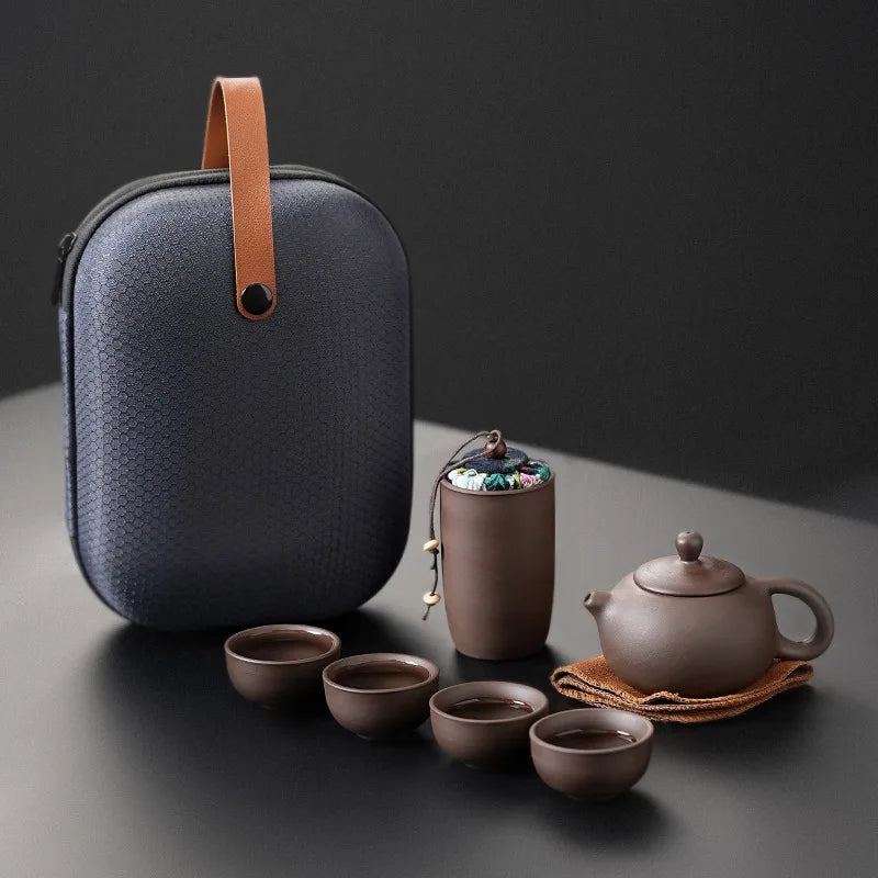 Purple Clay Travel Tea Set with One Pot And Four Cups Portable Outdoor Storage Quick Cup Kung Fu Style Small Gift Set