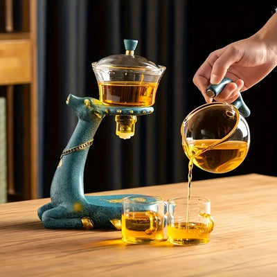 1 Set Glass Teapot Set, Lazy Kungfu Tea Pot Set, Deer Automatic Drip Rotating Tea Set With Infuser, Tea Accessories