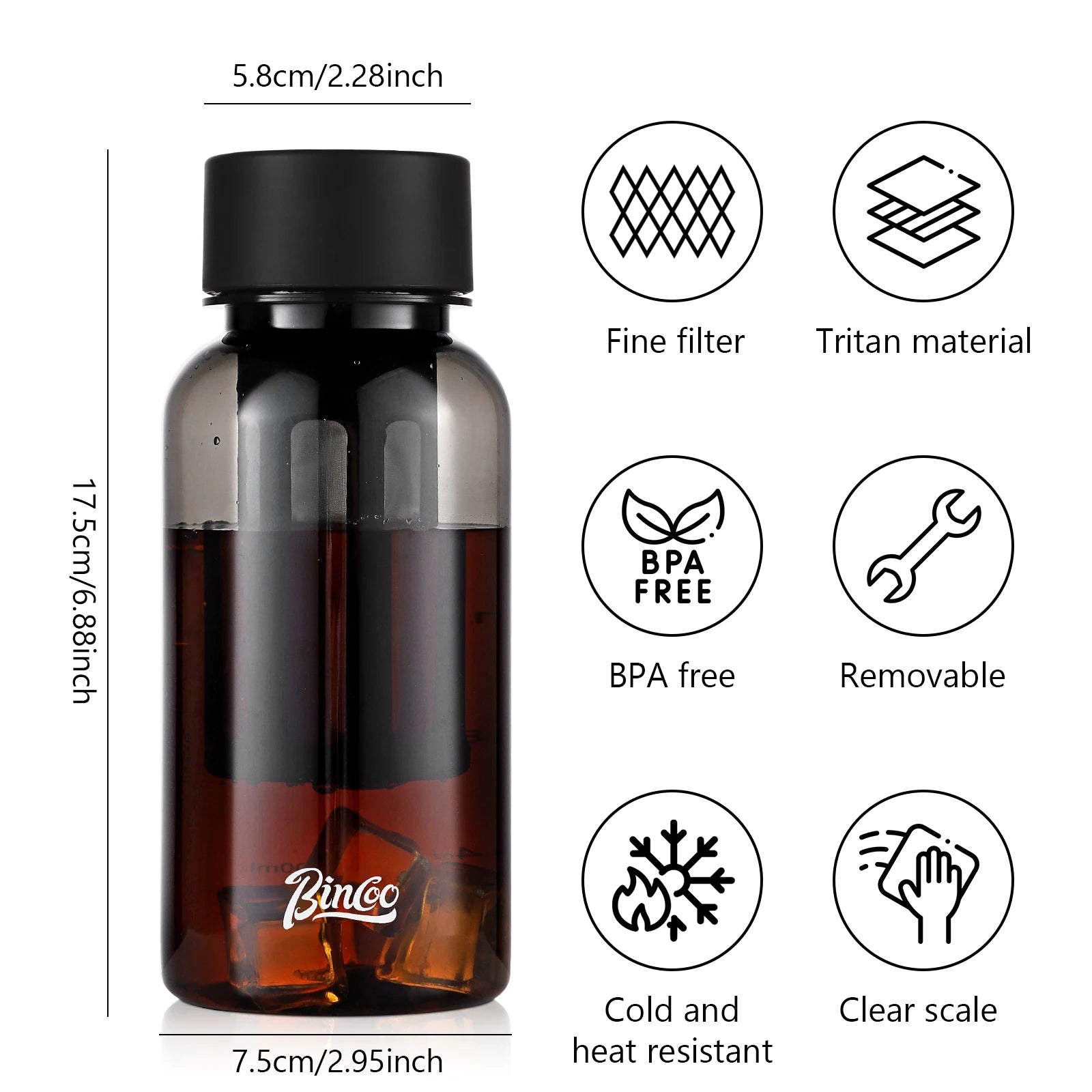 Bincoo 600ml Cold Brew Coffee Tea Maker with 300-Mesh Filter Leakproof Iced Drink Travel Tumbler BPA-Free Tritan Material