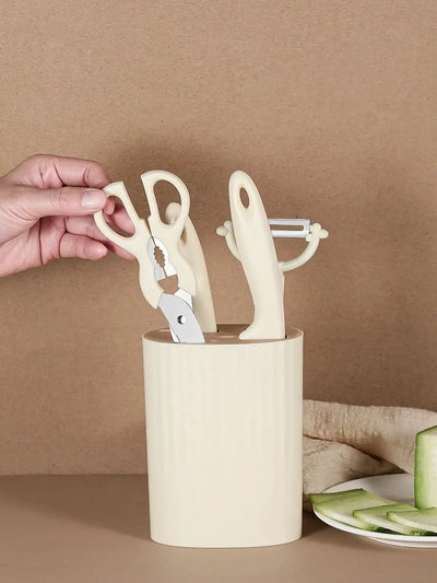 Stainless Steel Kitchen Knife and Scissors Five-Piece Set [Including Knife Holder] Household Fruit Knife, Slicing Knife, Scissors, Melon Peeler, Knife Holder, Complete Home Set