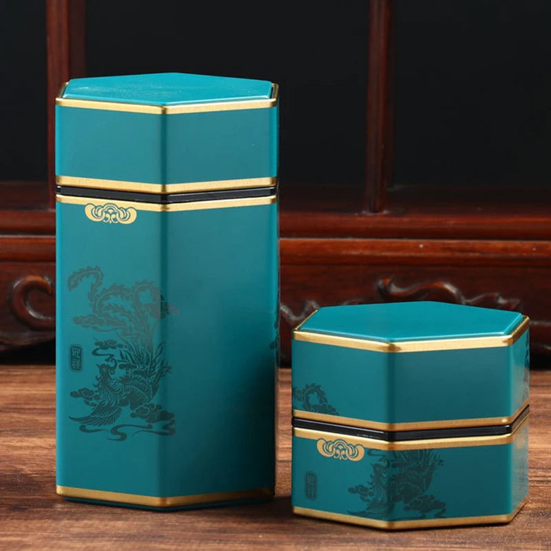 Creative Hexagonal Teapot Tin Can Chinese Tinplate Tea Storage Tank Sealed Portable Tea Box Empty Can Tea Set Accessories