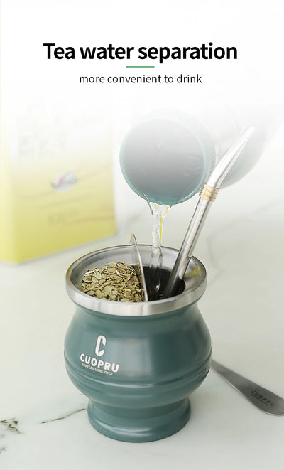 Yerba Mate Gourd Set Includes Double Walled Stainless Steel Tea Cup One Bombilla Mate (Straw), Cleaning Bruch, Tea Separator