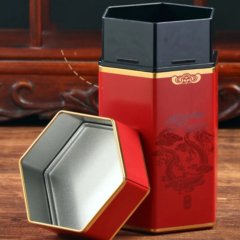 Creative Hexagonal Teapot Tin Can Chinese Tinplate Tea Storage Tank Sealed Portable Tea Box Empty Can Tea Set Accessories