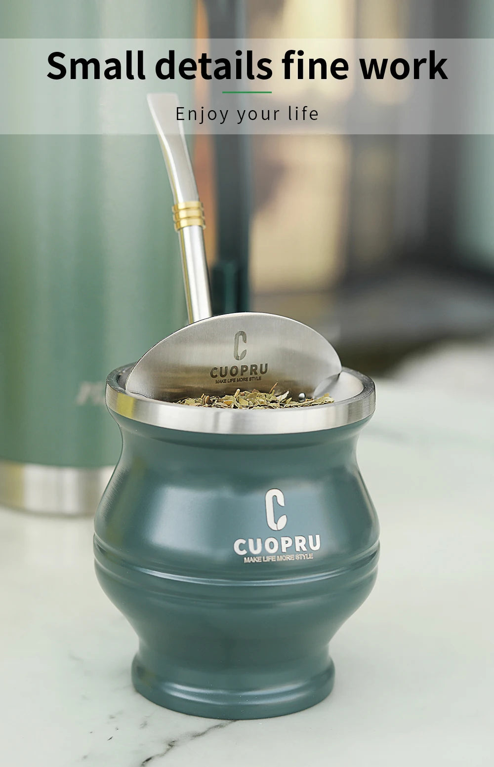 Yerba Mate Gourd Set Includes Double Walled Stainless Steel Tea Cup One Bombilla Mate (Straw), Cleaning Bruch, Tea Separator