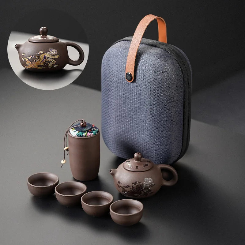 Purple Clay Travel Tea Set with One Pot And Four Cups Portable Outdoor Storage Quick Cup Kung Fu Style Small Gift Set