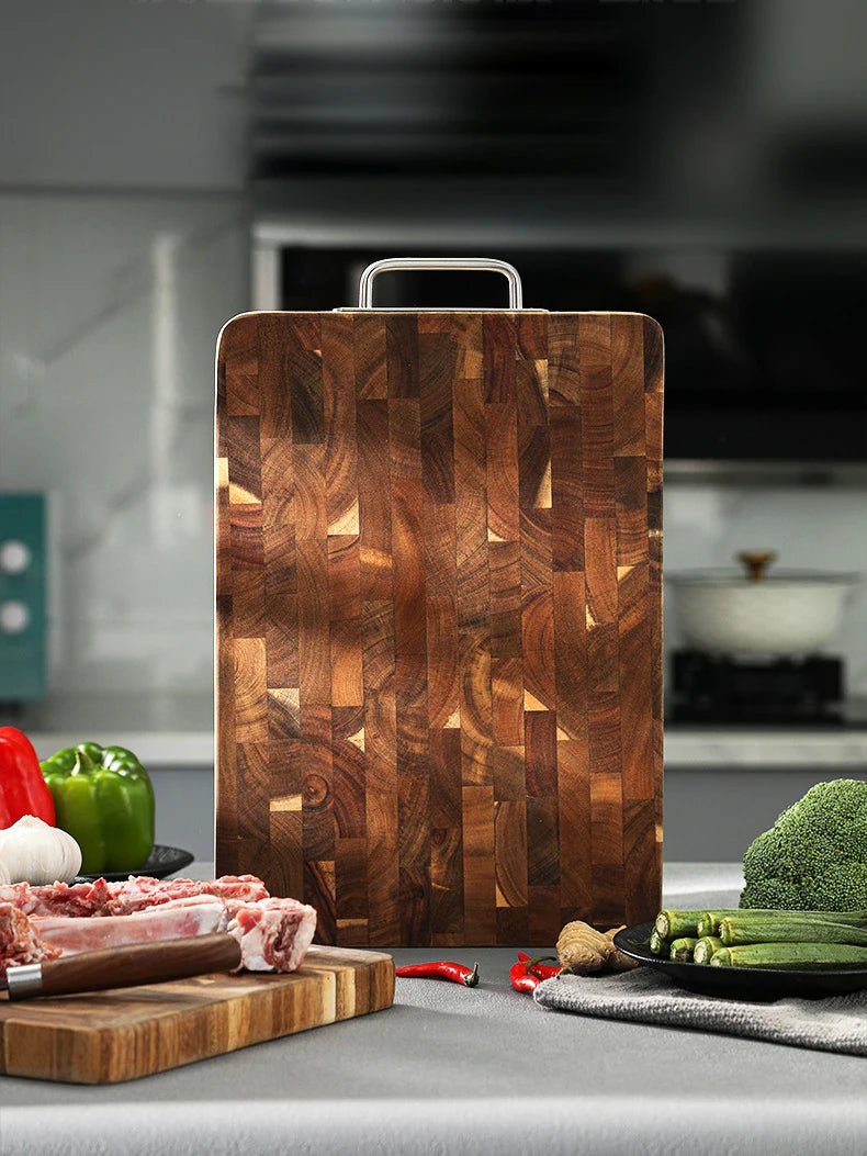 Thick End Grain Acacia Wood Cutting Board, Double Handle Heavy Duty Butcher Block, Mold Resistant Chopping Board for Kitchen
