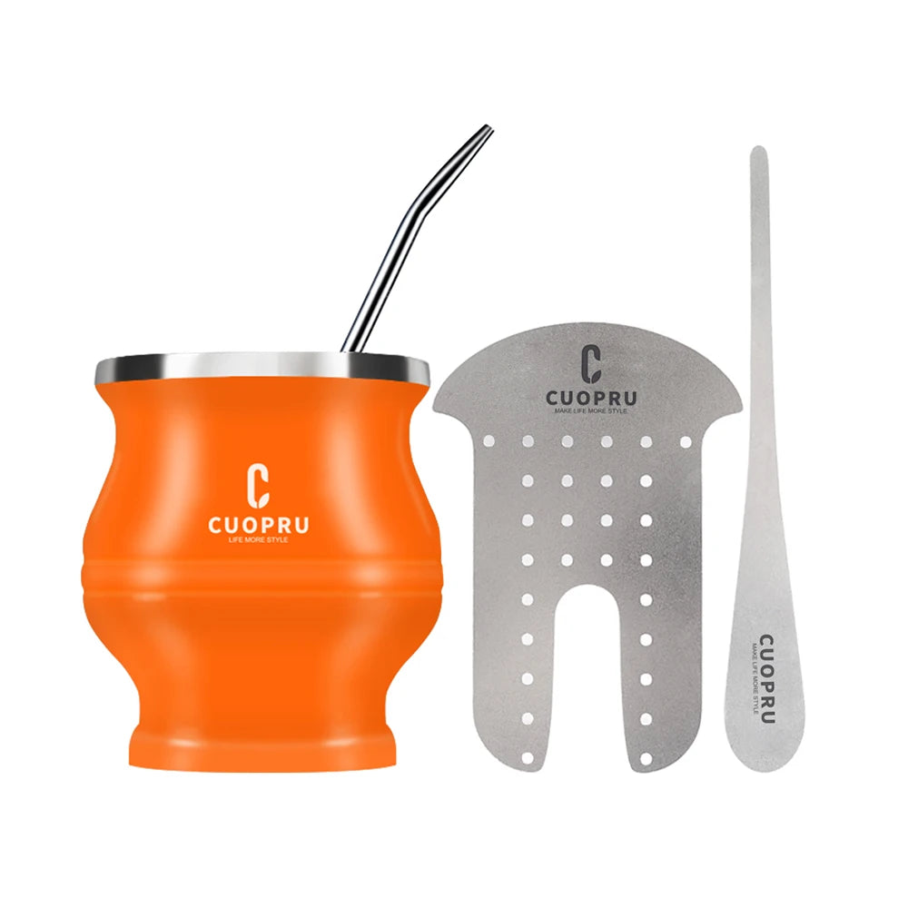 Yerba Mate Gourd Set Includes Double Walled Stainless Steel Tea Cup One Bombilla Mate (Straw), Cleaning Bruch, Tea Separator