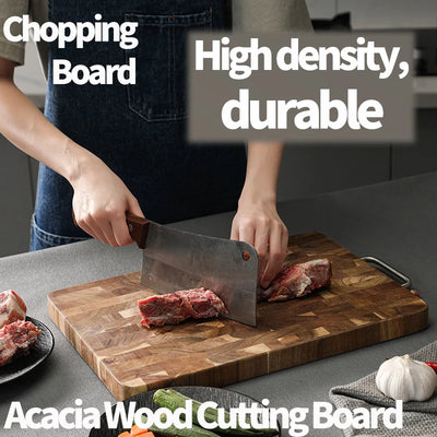 Thick End Grain Acacia Wood Cutting Board, Double Handle Heavy Duty Butcher Block, Mold Resistant Chopping Board for Kitchen
