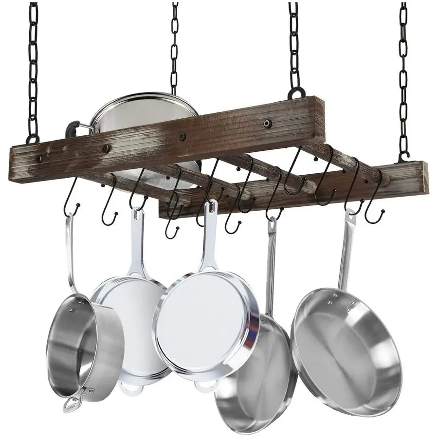 JACKCUBE DESIGN Hanging Pot Rack Pan Ceiling Wall Mounted Hanger Multi Purpose Rustic Wood and Metal Cookware Kitchen Storage Or