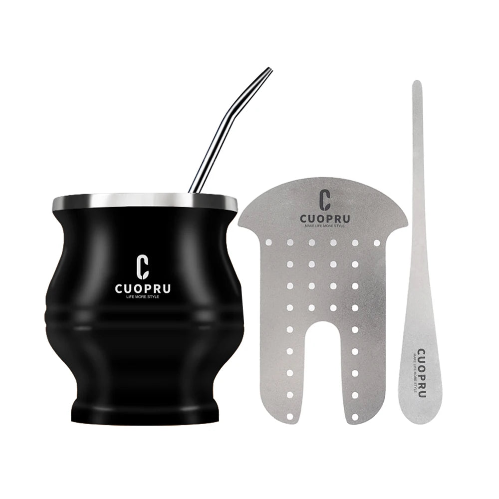 Yerba Mate Gourd Set Includes Double Walled Stainless Steel Tea Cup One Bombilla Mate (Straw), Cleaning Bruch, Tea Separator