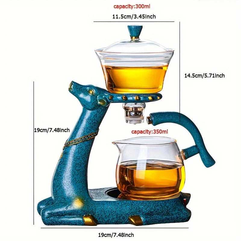 1 Set Glass Teapot Set, Lazy Kungfu Tea Pot Set, Deer Automatic Drip Rotating Tea Set With Infuser, Tea Accessories