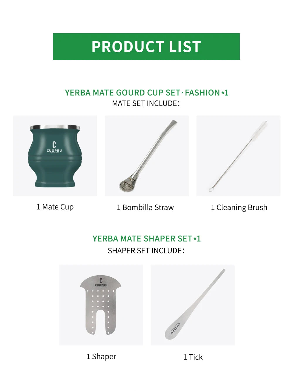Yerba Mate Gourd Set Includes Double Walled Stainless Steel Tea Cup One Bombilla Mate (Straw), Cleaning Bruch, Tea Separator