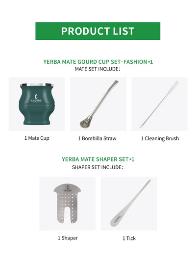 Yerba Mate Gourd Set Includes Double Walled Stainless Steel Tea Cup One Bombilla Mate (Straw), Cleaning Bruch, Tea Separator