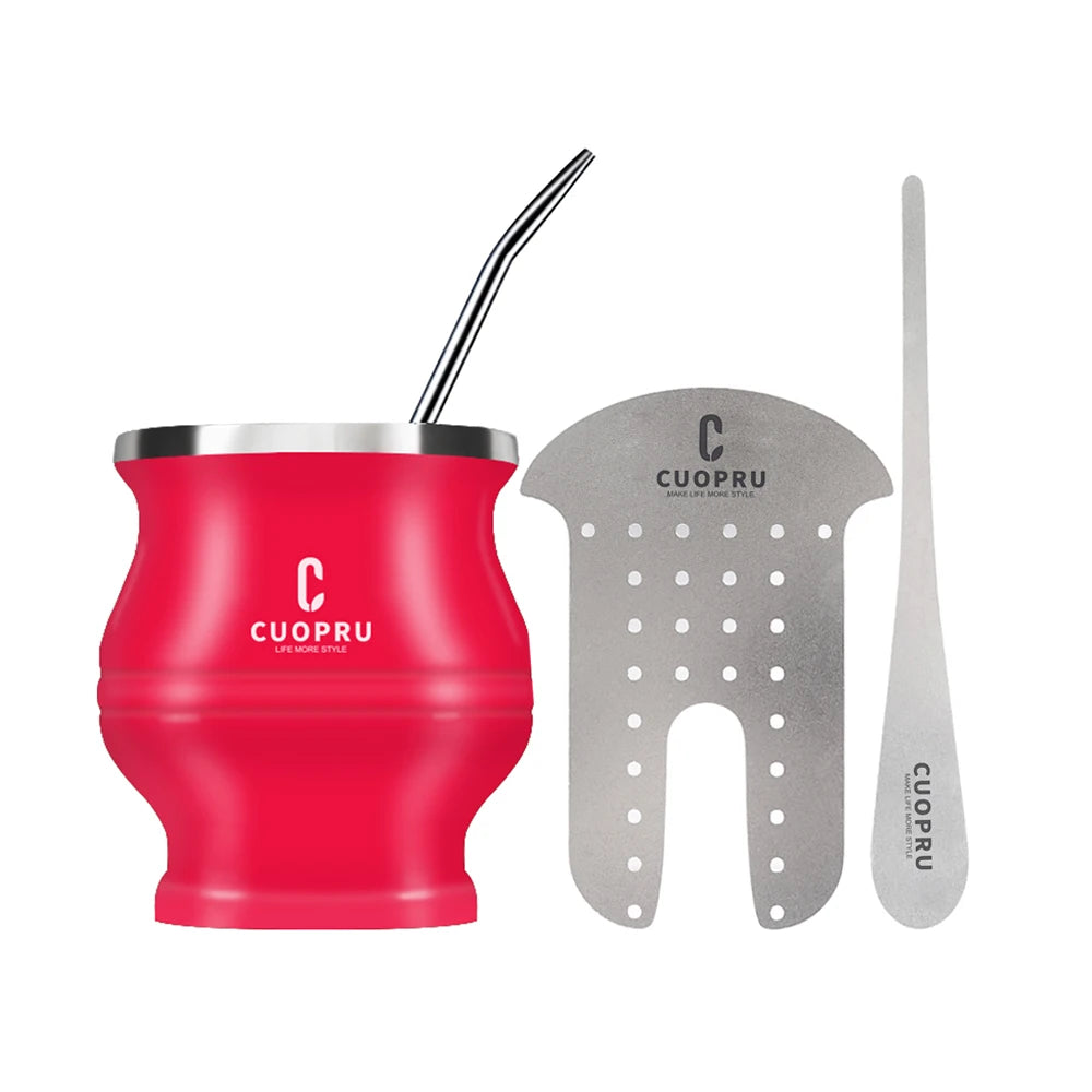 Yerba Mate Gourd Set Includes Double Walled Stainless Steel Tea Cup One Bombilla Mate (Straw), Cleaning Bruch, Tea Separator