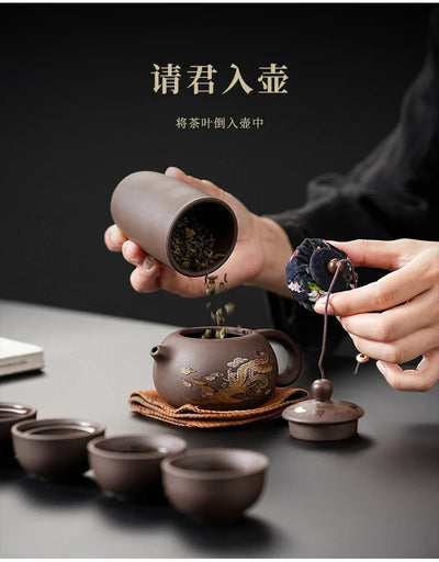 Purple Clay Travel Tea Set with One Pot And Four Cups Portable Outdoor Storage Quick Cup Kung Fu Style Small Gift Set