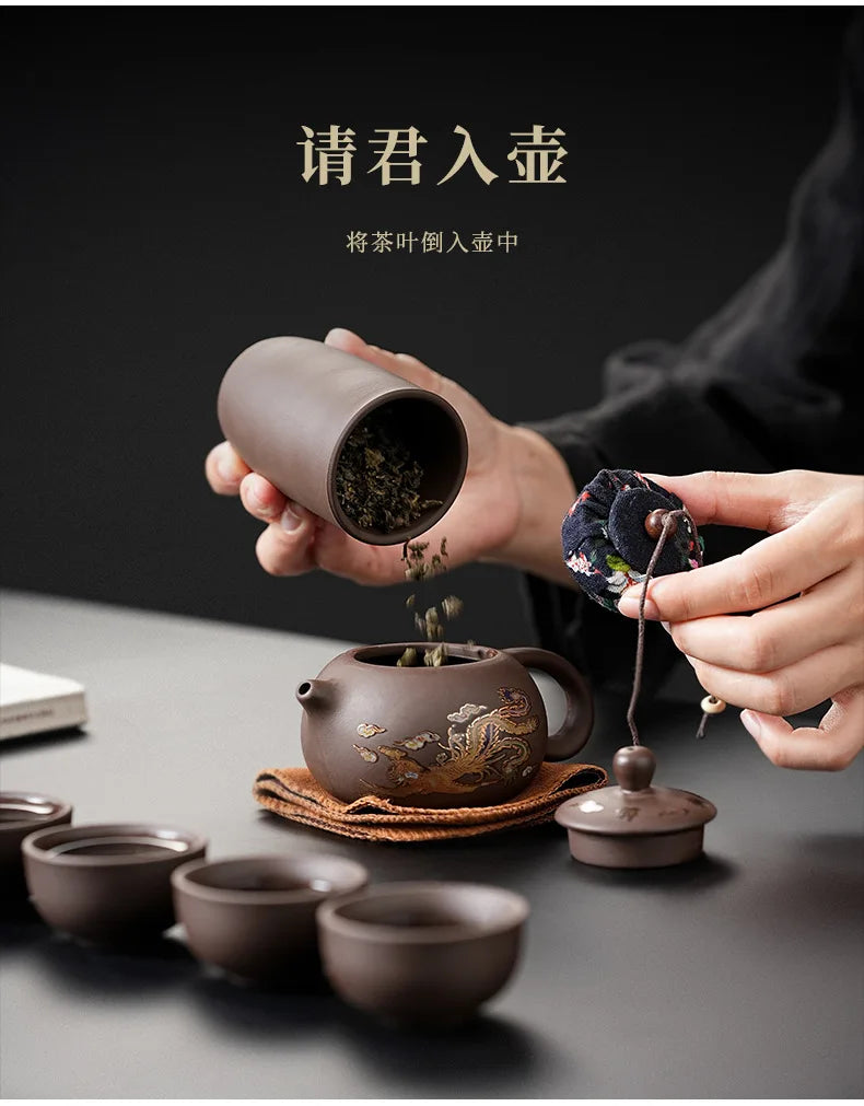Purple Clay Travel Tea Set with One Pot And Four Cups Portable Outdoor Storage Quick Cup Kung Fu Style Small Gift Set