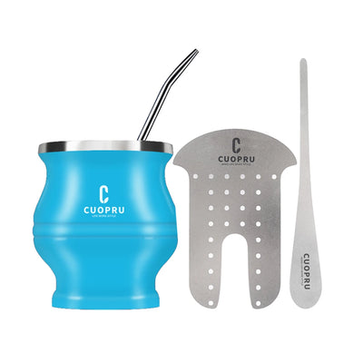 Yerba Mate Gourd Set Includes Double Walled Stainless Steel Tea Cup One Bombilla Mate (Straw), Cleaning Bruch, Tea Separator