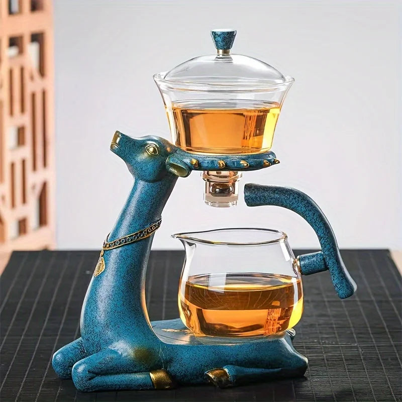 1 Set Glass Teapot Set, Lazy Kungfu Tea Pot Set, Deer Automatic Drip Rotating Tea Set With Infuser, Tea Accessories