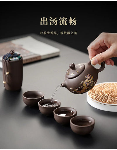 Purple Clay Travel Tea Set with One Pot And Four Cups Portable Outdoor Storage Quick Cup Kung Fu Style Small Gift Set