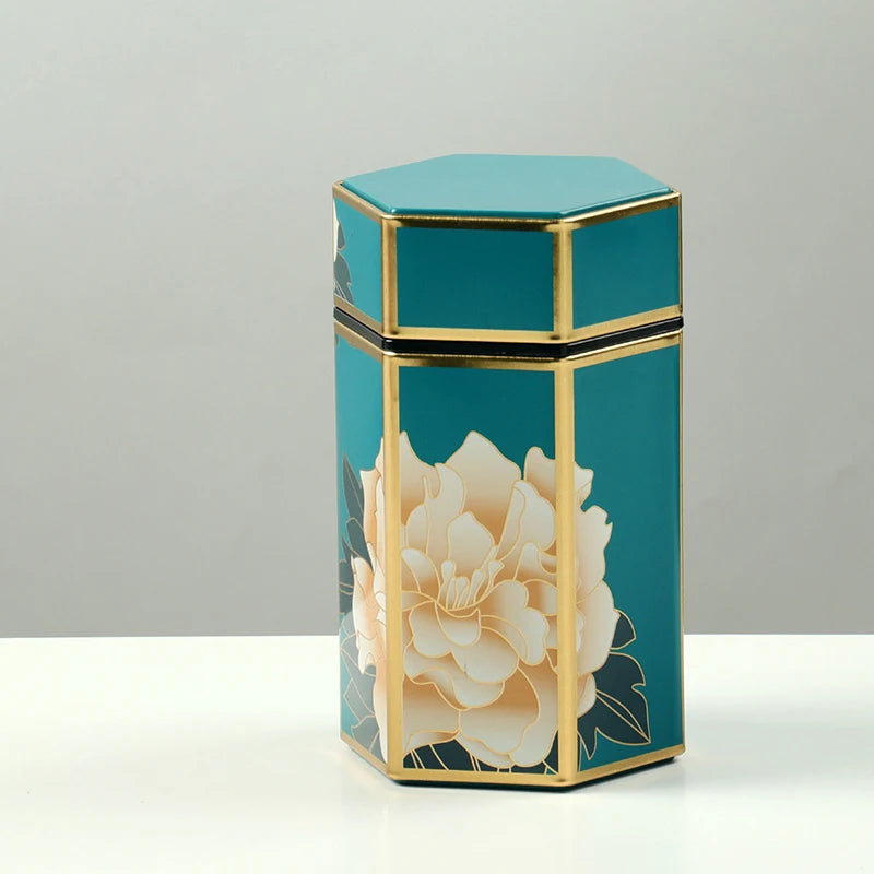 Creative Hexagonal Teapot Tin Can Chinese Tinplate Tea Storage Tank Sealed Portable Tea Box Empty Can Tea Set Accessories