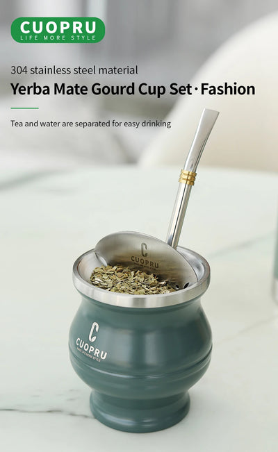 Yerba Mate Gourd Set Includes Double Walled Stainless Steel Tea Cup One Bombilla Mate (Straw), Cleaning Bruch, Tea Separator