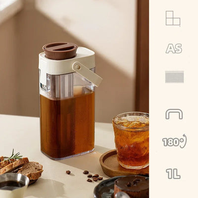 1L Cold Brew Coffee Pot Ice Coffee Maker Cold Brew Jar Leak Proof Container Cold Brewed Fruit Tea Pot for Outdoor Camping Travel