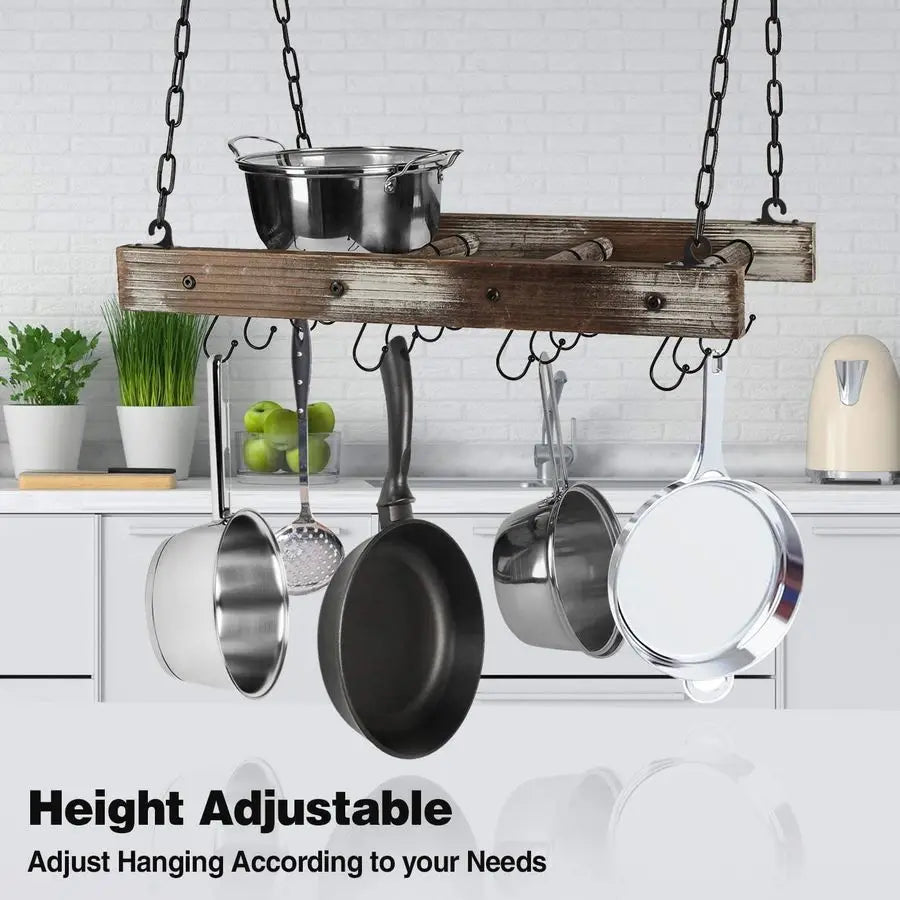 JACKCUBE DESIGN Hanging Pot Rack Pan Ceiling Wall Mounted Hanger Multi Purpose Rustic Wood and Metal Cookware Kitchen Storage Or