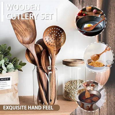 5pcs Wooden Utensil Set with Hanging Holes, Food Grade Spoons and Spatula 24-33.7cm, Non-Toxic Smooth Kitchen Tools for Cooking